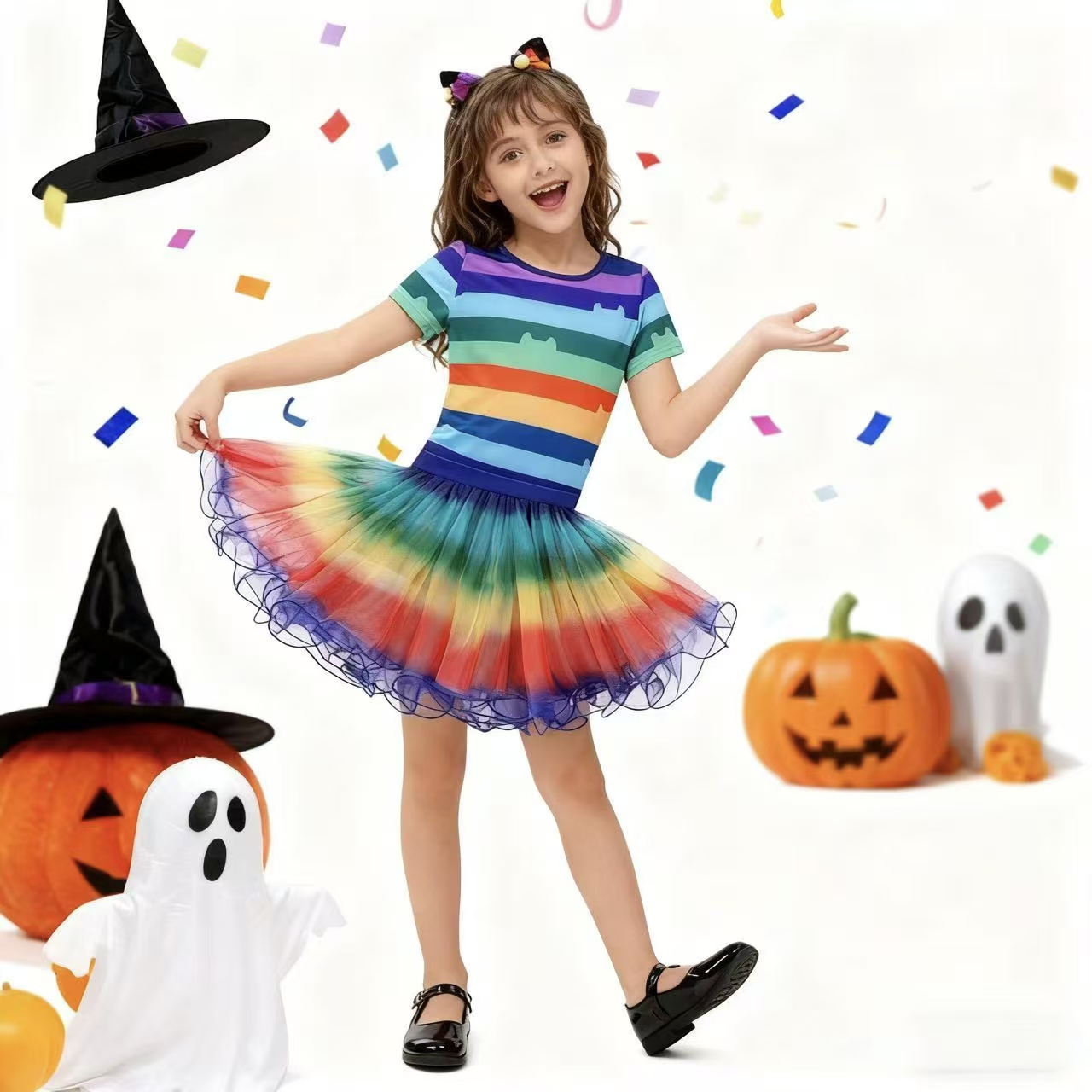 Summer Clothing For Kids Girls - 여자 무지개 줄무늬 티셔츠 투투 스커트