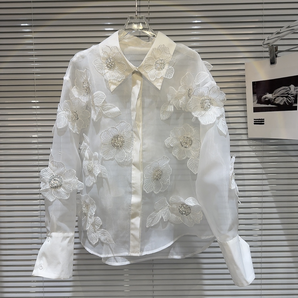 Crop Blouse Linen - 봄 스팽글 3D 꽃 메쉬 스플