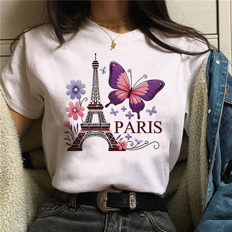 90년대 컬러 플라워 나비 파리 디자인 프린트 티셔츠  - Summer Clothing In Paris 리뷰 및 가격