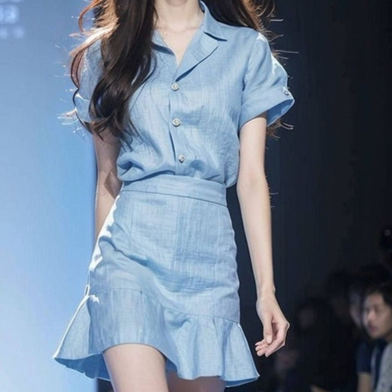 여성용 반팔 스커트 블루 투피스 세트, 비치 탑과 하의 - Summer Clothing Office 리뷰 및 가격