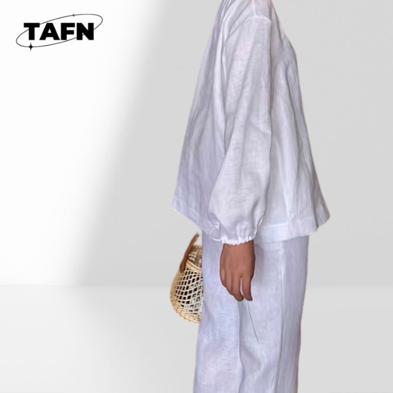 럭셔리 린넨 블렌드 투피스 세트 여성 긴팔 블라우스 & - Crop Blouse Linen 리뷰 및 가격