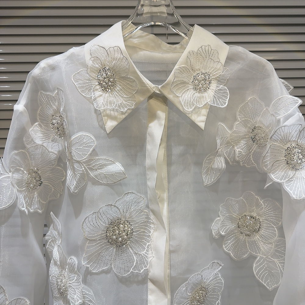 봄 스팽글 3D 꽃 메쉬 스플 라이스 진주 페르시 셔츠 - Crop Blouse Linen 리뷰 및 가격