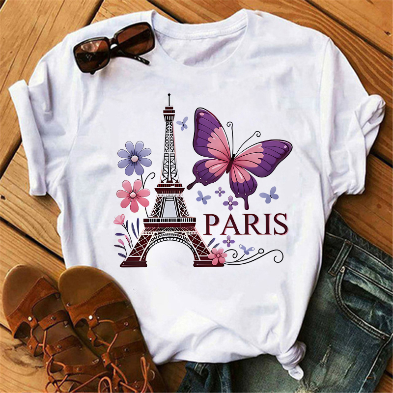 90년대 컬러 플라워 나비 파리 디자인 프린트 티셔츠  - Summer Clothing In Paris 리뷰 및 가격